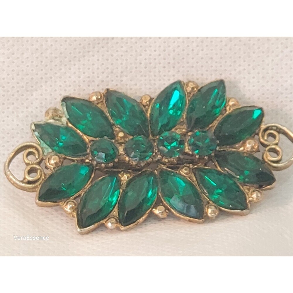 Rectangle Clear Green Victorian Revival Gold Toned Brooch Pin Vintage